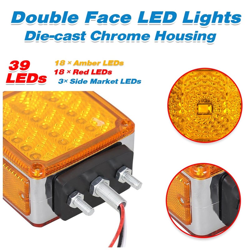 BukNikis أضواء قاعدة LED أمبر/أحمر مزدوجة الوجه 39 LED إشارة انعطاف ضوء مثبت على الفندر لشاحنات النقل الثقيلة تريلر فريختلاين بيتر بيلت كينورث ماك ويسترن ستار (جانب السائق/الراكب، عبوة من 2) - Image 2